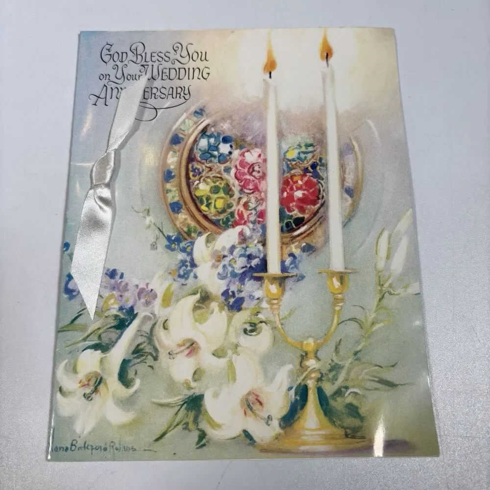 Vintage Rust Craft God Wedding Anniversary Greeting Card Ribbon Candles Envelope